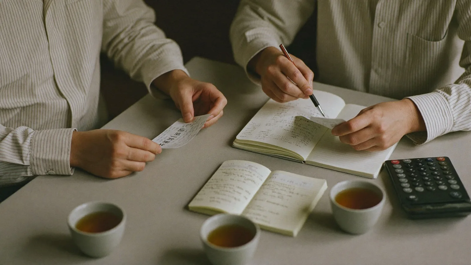 領収書を仕分ける夫婦の手元