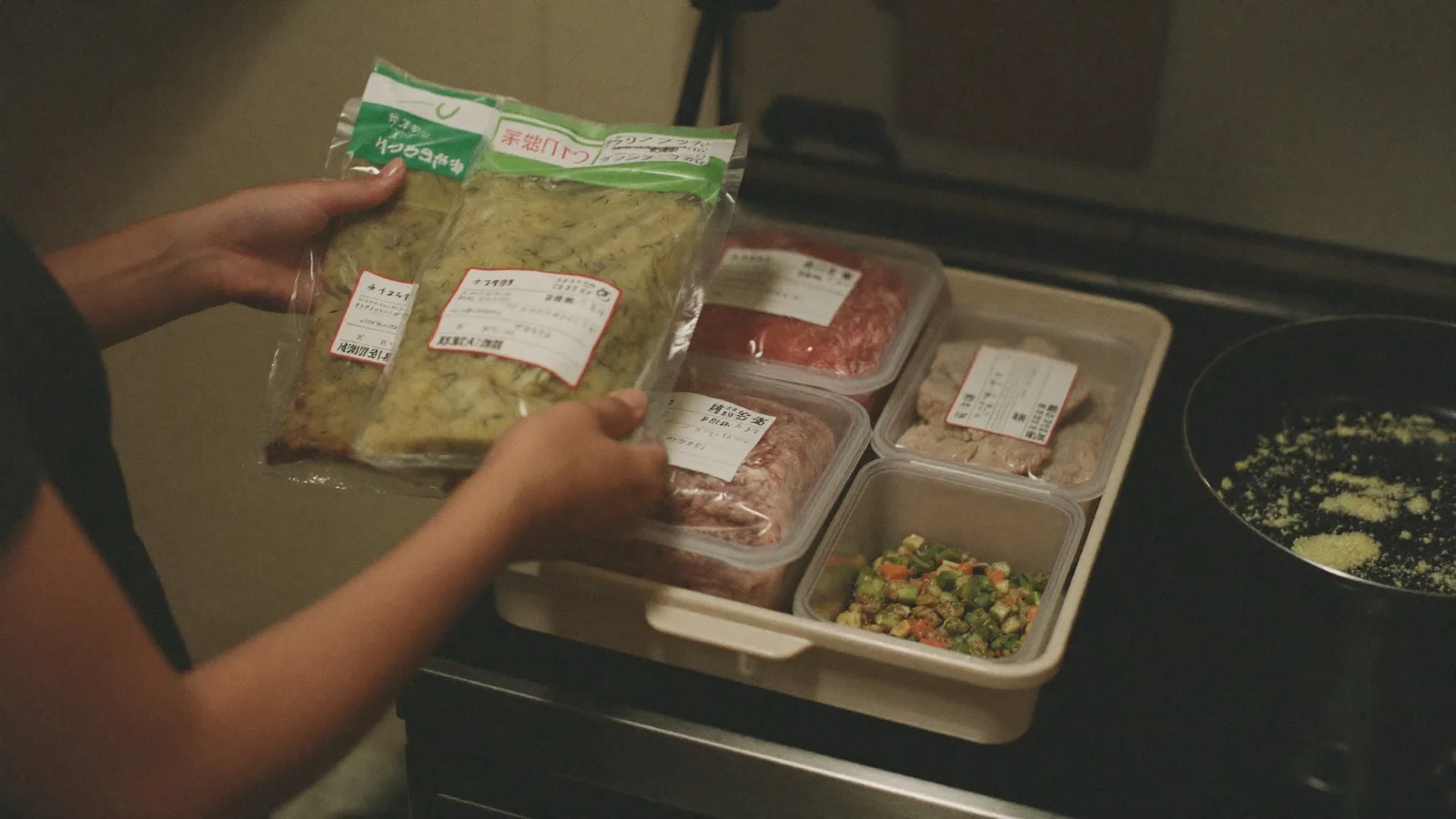 下味冷凍を取り出す手元