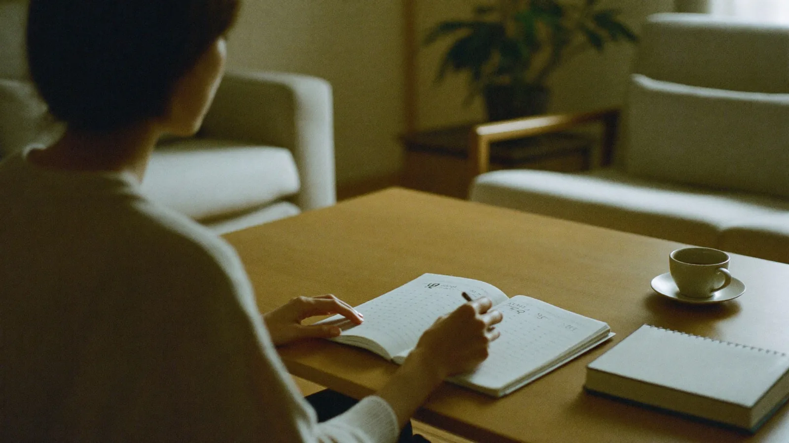 食卓で手元のノートに書き留める女性