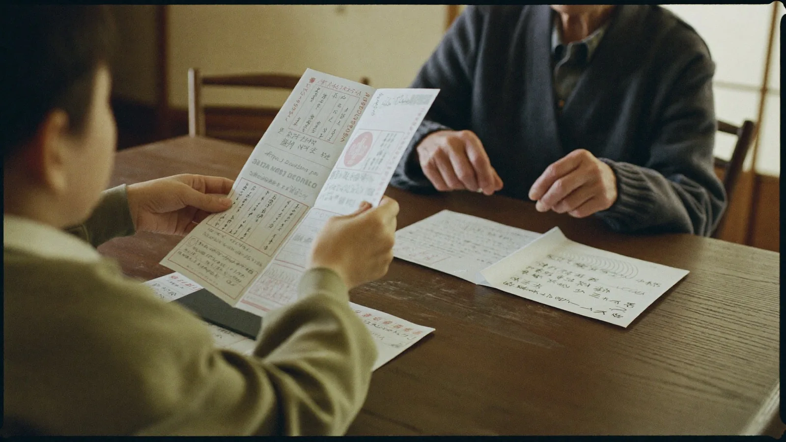 通帳と書類を一緒に整理する親子の手元