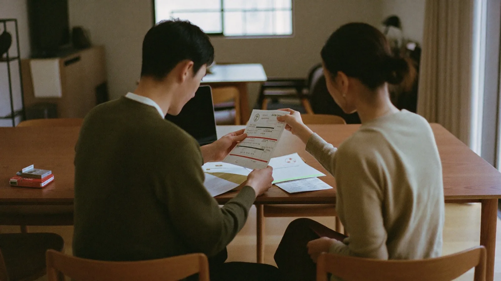 書類を確認する夫婦の後ろ姿