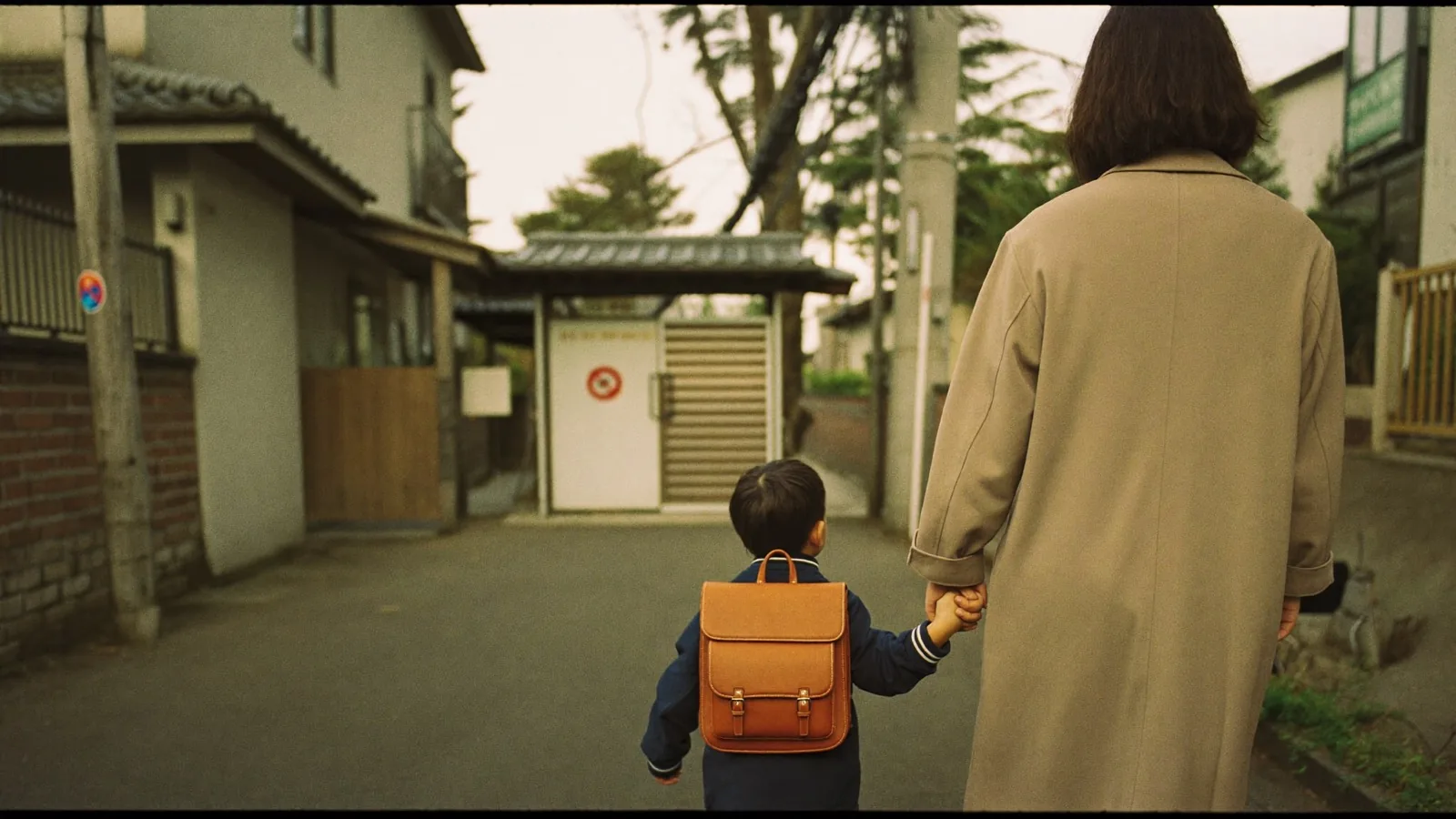 登校する親子の後ろ姿