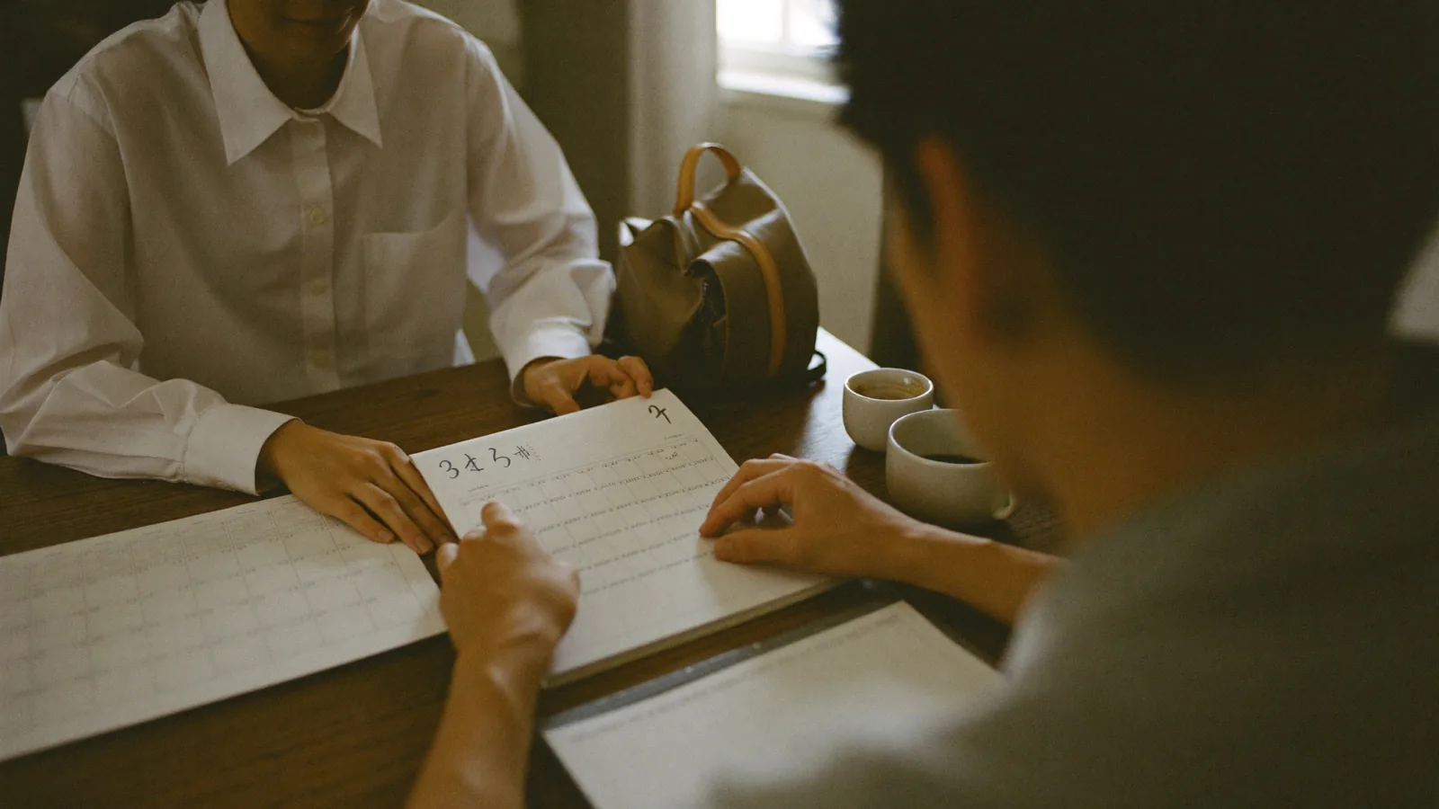 朝食卓で予定を分担する夫婦の手元