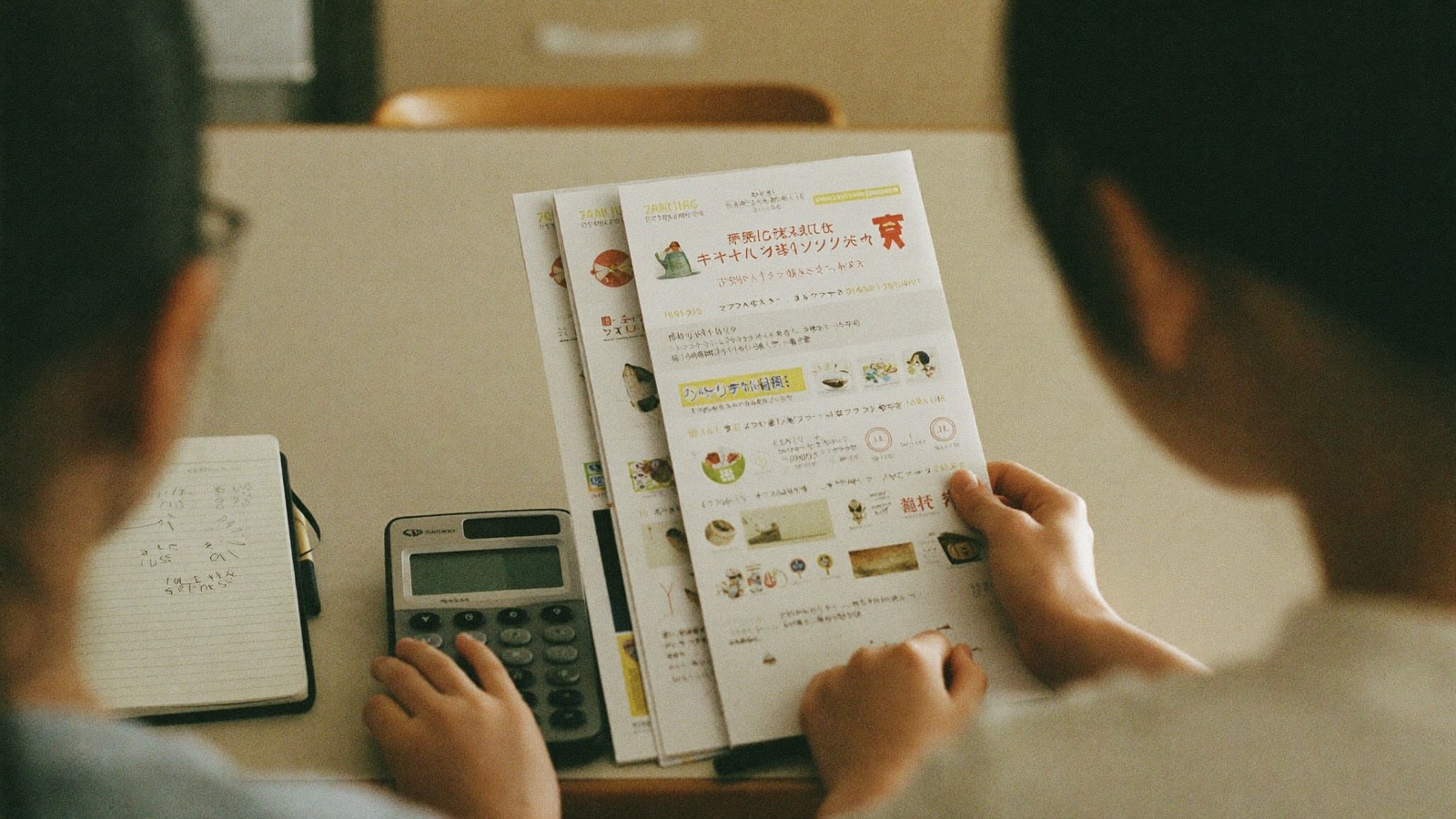 奨学金資料を見比べる親子の手元