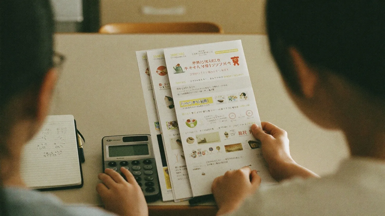 奨学金資料を見比べる親子の手元