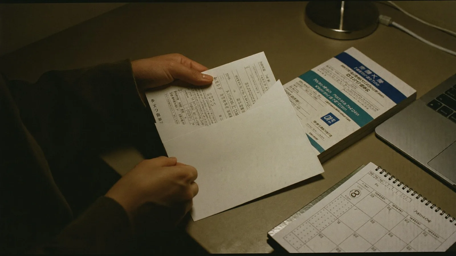 出産給付の書類を封筒にまとめる手元