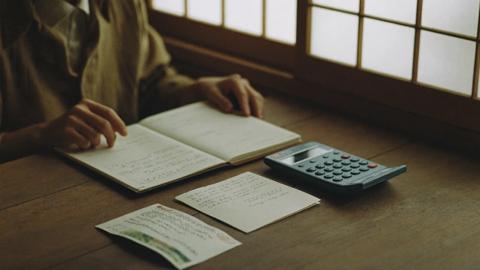 通帳と現金を確認する手元